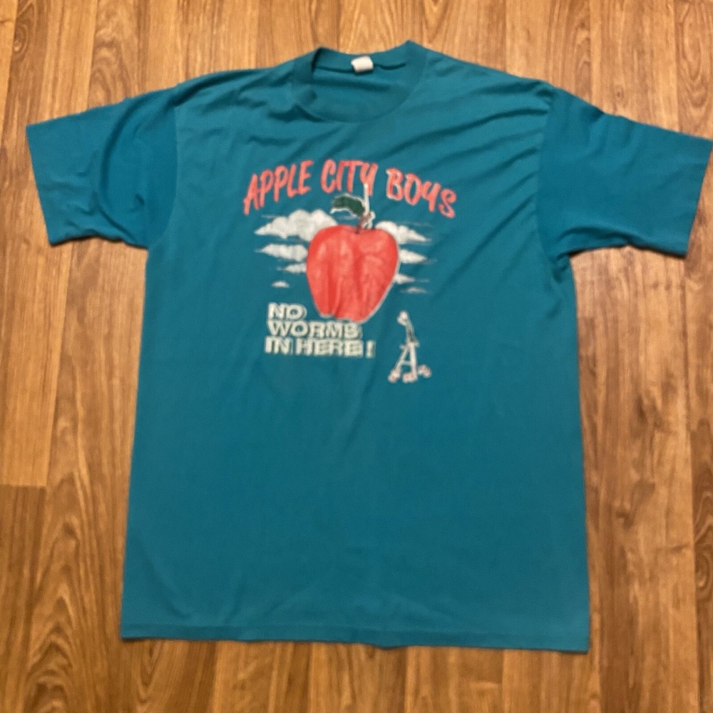 Vintage 90s Apple City Boys Shirt Adult XL Green No Worms In‎ Here Funny Comedy